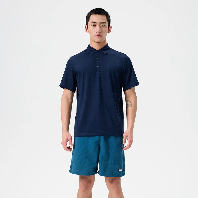 100% Merino Wool Polo Shirts Mens Merino Wool Short Sleeve Shirts Anti-Odor Moisture Wicking Base Layer Tee for Travel Hiking