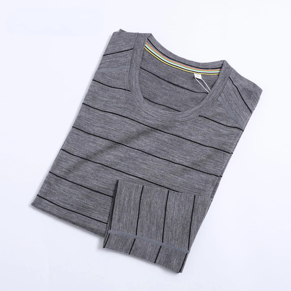 100% Merino Wool Base Layer Shirts Mens Merino O Neck Striped Long Sleeve Thermal Underwear Lightweight Breathable Sports Shirt