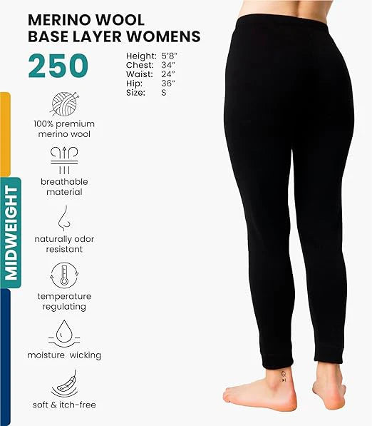 250G/300G Womens 100% Merino Wool Base Layer Bottom Thermal Underwear Pants Merino Wool Leggings Long Johns Warm Breathable Soft