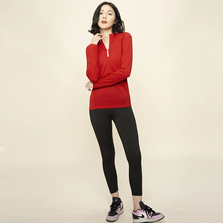 100% Merino Wool Base Layer Top Women Merino 160G Wool Active 1/4 Zip Long Sleeve Thermal Shirt Lightweight Breathable Quick Dry