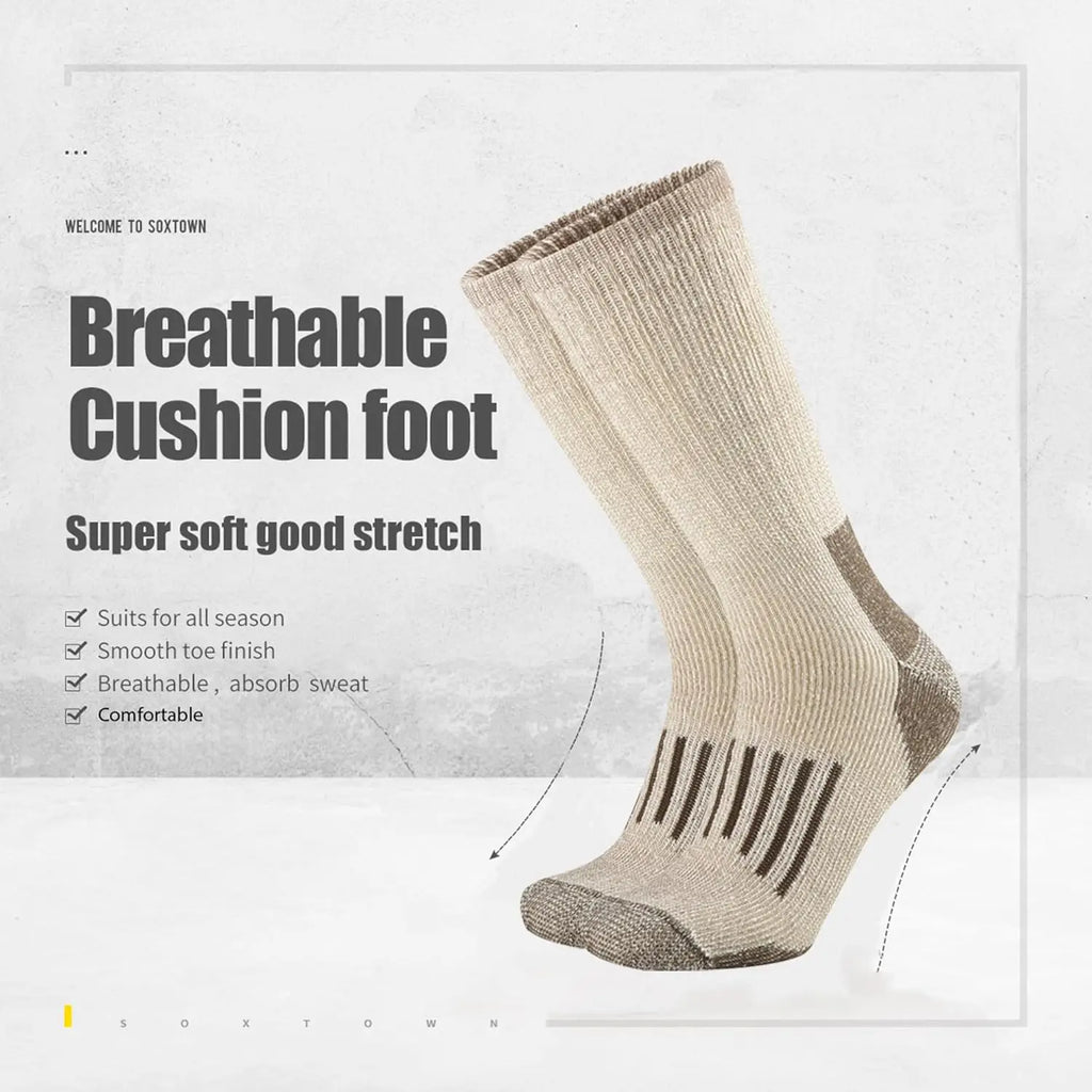 Men's 80% Merino Wool Cushion Crew Socks Moisture Wicking Control for Outdoor Hiking Work Boot Thermal Warm All Seasons