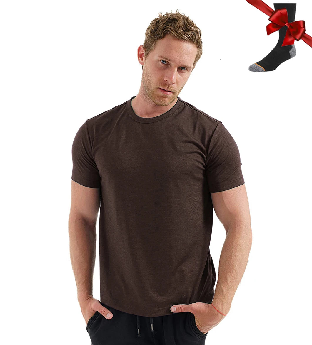 100% Merino Wool T Shirt Men Base Layer Merino Tshirt 180G Everyday Undershirt Wicking Breathable Anti-Odor + Hiking Blend Socks