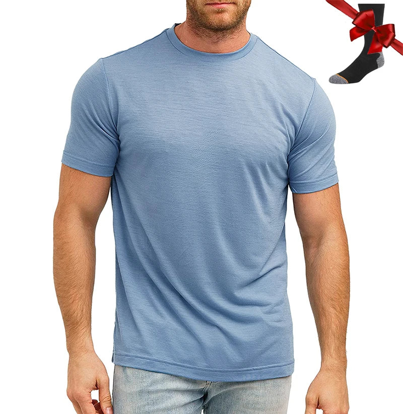100% Merino Wool T Shirt Men Base Layer Merino Tshirt 180G Everyday Undershirt Wicking Breathable Anti-Odor + Hiking Blend Socks