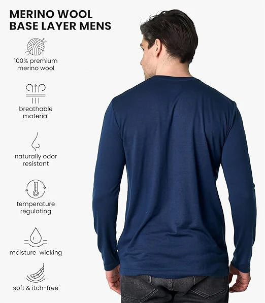 100% Merino Wool Base Layer Mens Soft Long Sleeve Shirts Men Merino Wool Thermal Underwear Odor Resistance for Hiking Hunting