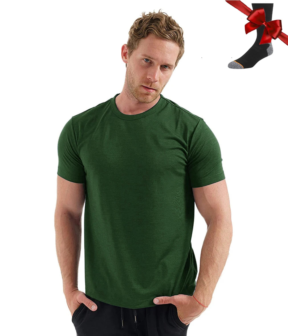 100% Merino Wool T Shirt Men Base Layer Merino Tshirt 180G Everyday Undershirt Wicking Breathable Anti-Odor + Hiking Blend Socks