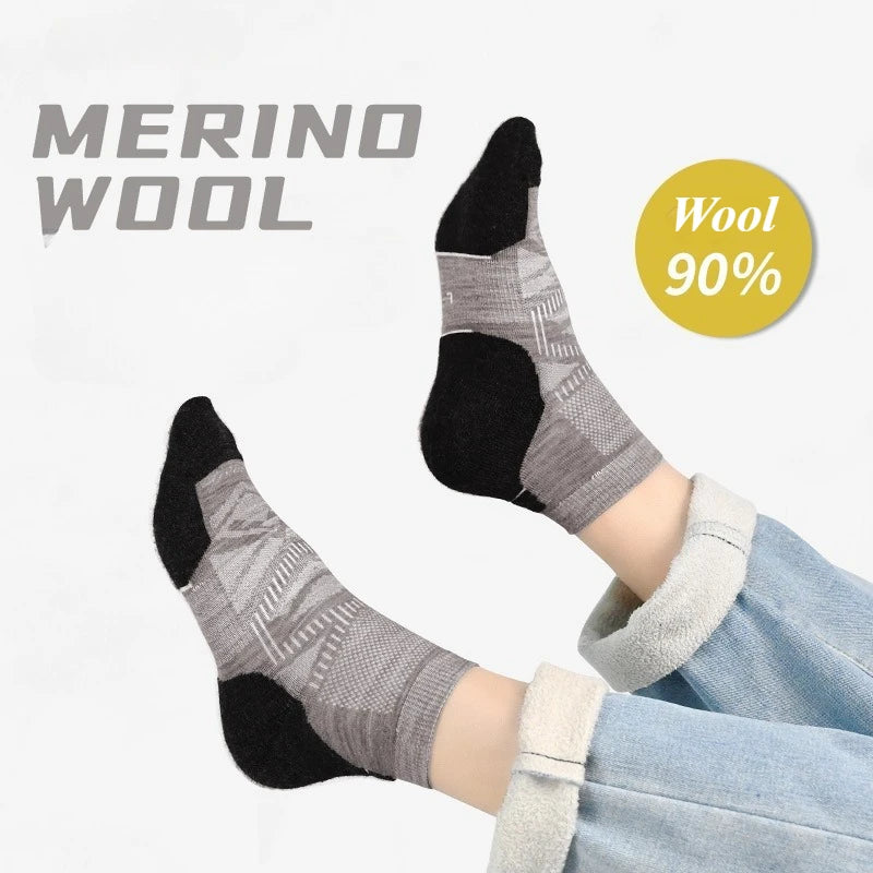 Men Women 90% Merino Wool Ankle Socks Athletic Hiking Running Compression Support Anti-blister Cushion Low Cut Socks 3 Pairs
