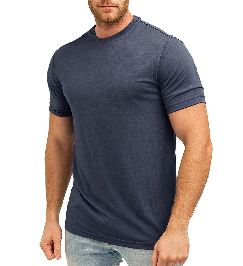 100% Superfine Merino Wool T Shirt Mens Base Layer Tee Merino Wool 180G Everyday Undershirt Wicking Breathable Anti-Odor