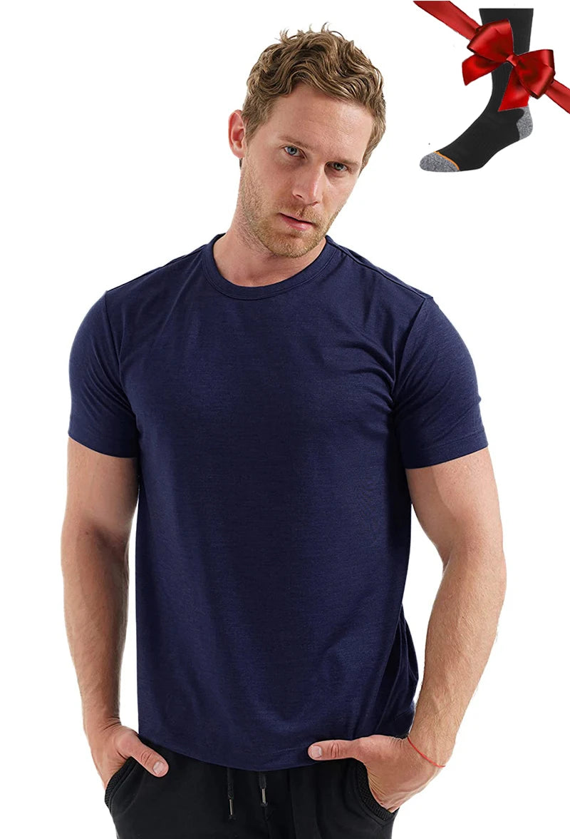 100% Merino Wool T Shirt Men Base Layer Merino Tshirt 180G Everyday Undershirt Wicking Breathable Anti-Odor + Hiking Blend Socks