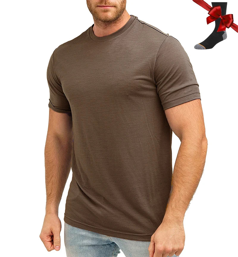 100% Merino Wool T Shirt Men Base Layer Merino Tshirt 180G Everyday Undershirt Wicking Breathable Anti-Odor + Hiking Blend Socks