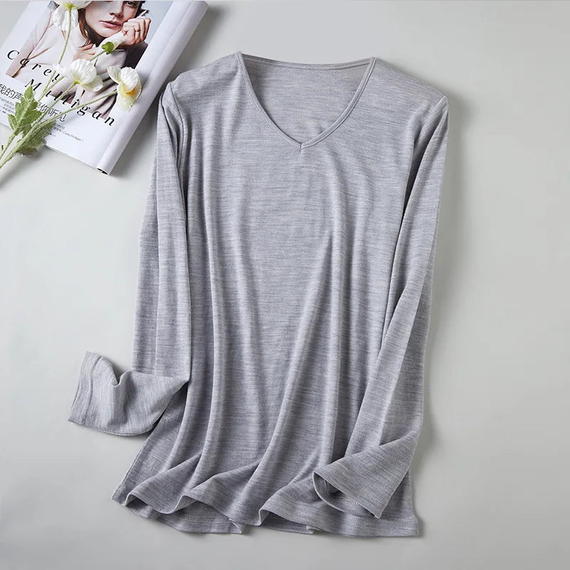 100% Superfine Merino Wool Base Layer Women Merino Wool Long Sleeve V Neck Shirt Thermal Underwear Wicking Breathable No-itch