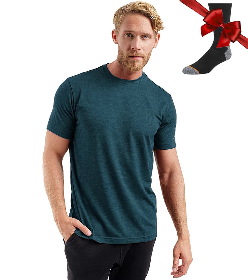 100% Merino Wool T Shirt Men Base Layer Merino Tshirt 180G Everyday Undershirt Wicking Breathable Anti-Odor + Hiking Blend Socks